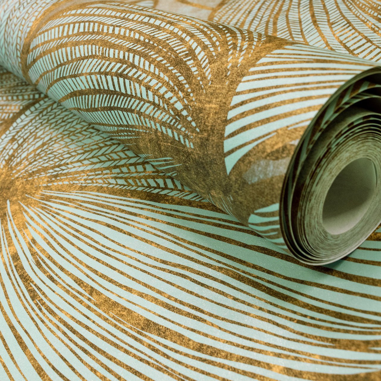 Monstera Lead Julie Feels Home Wallpaper - Gold Teal - Hohenberger - 26943 - Premier Wallcovering