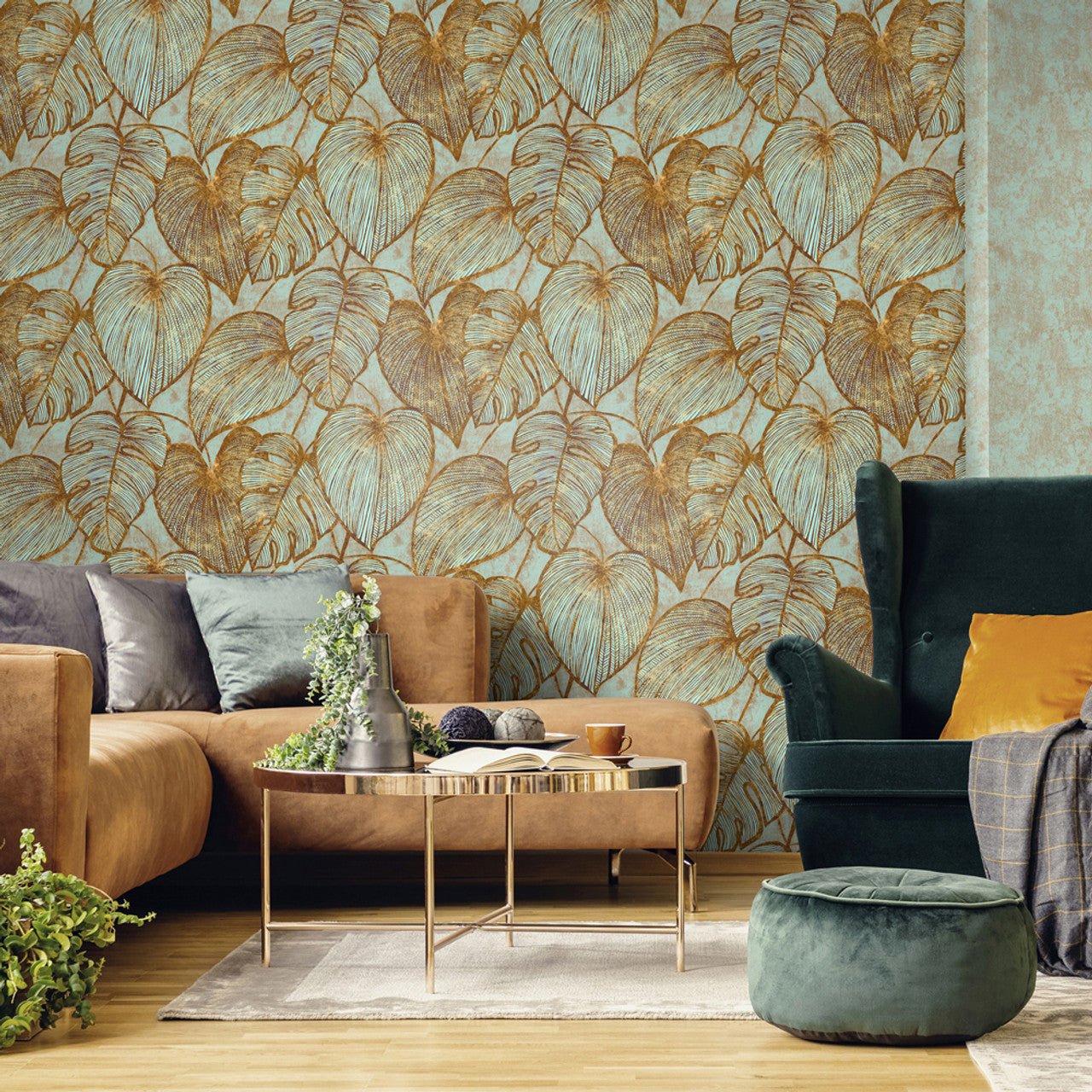 Monstera Lead Julie Feels Home Wallpaper - Gold Teal - Hohenberger - 26943 - Premier Wallcovering
