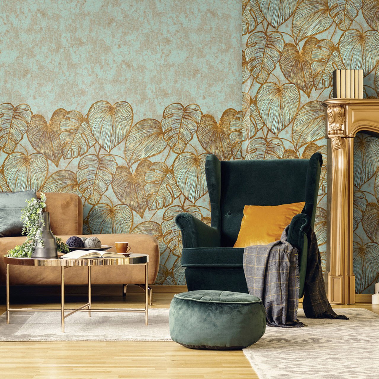 Monstera Twin Lead Julie Feels Home Wall Mural - Gold Teal - Hohenberger - 26981 - Premier Wallcovering