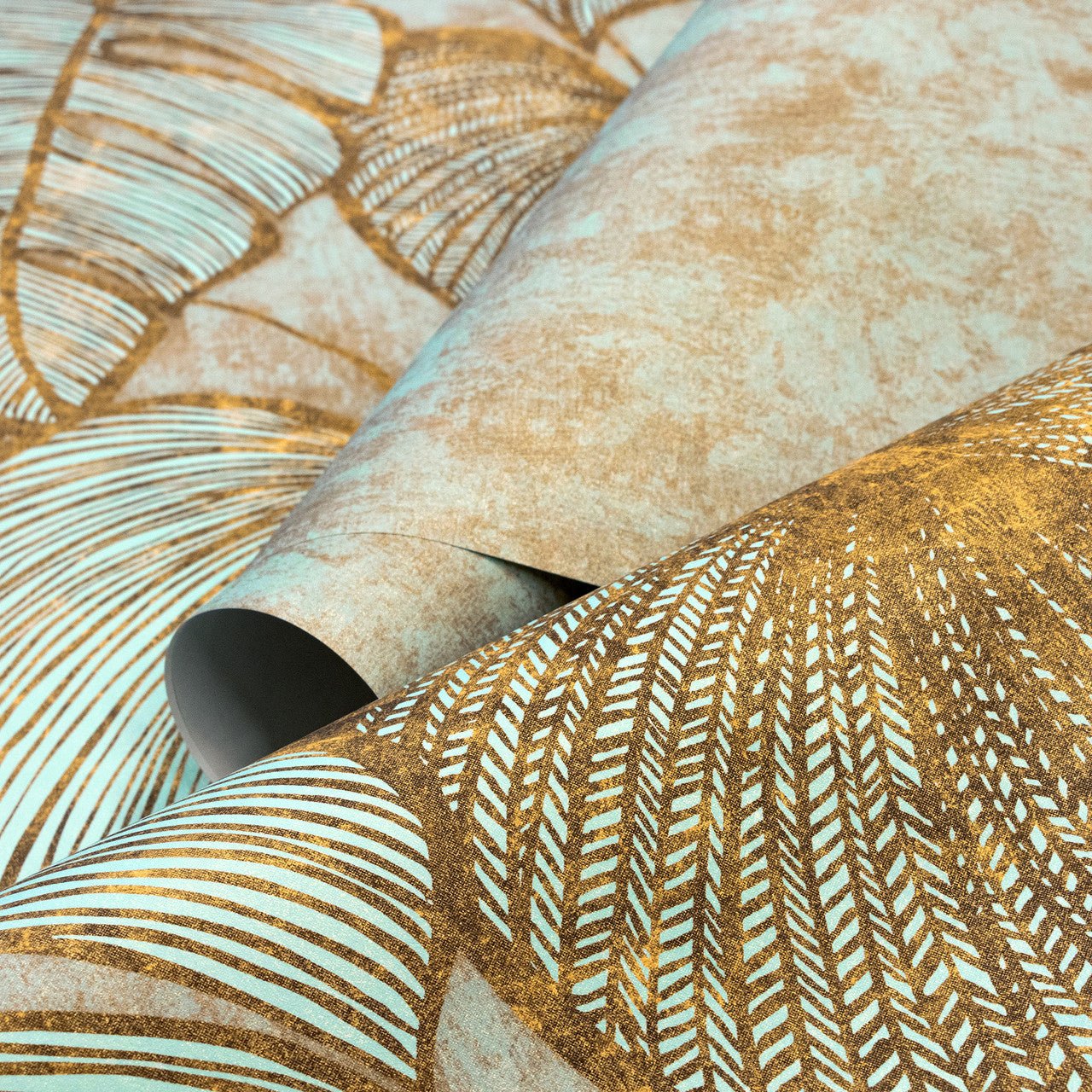 Monstera Twin Lead Julie Feels Home Wall Mural - Gold Teal - Hohenberger - 26981 - Premier Wallcovering