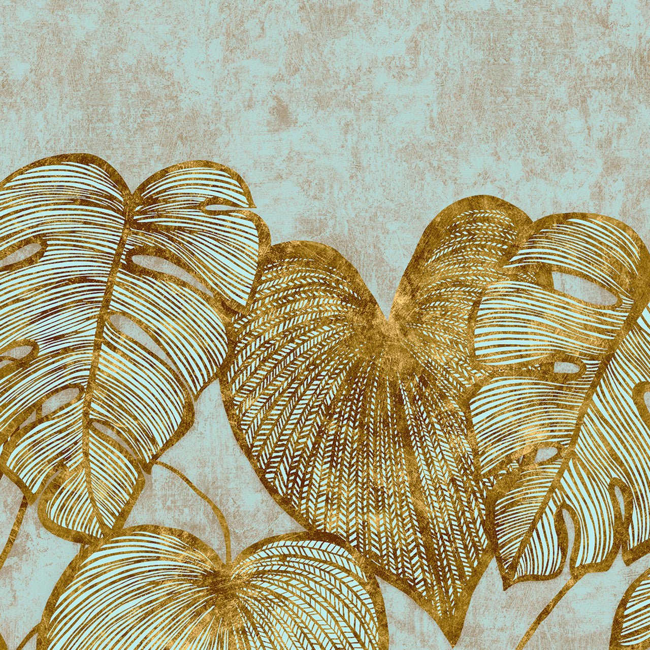 Monstera Twin Lead Julie Feels Home Wall Mural - Gold Teal - Hohenberger - 26981 - Premier Wallcovering