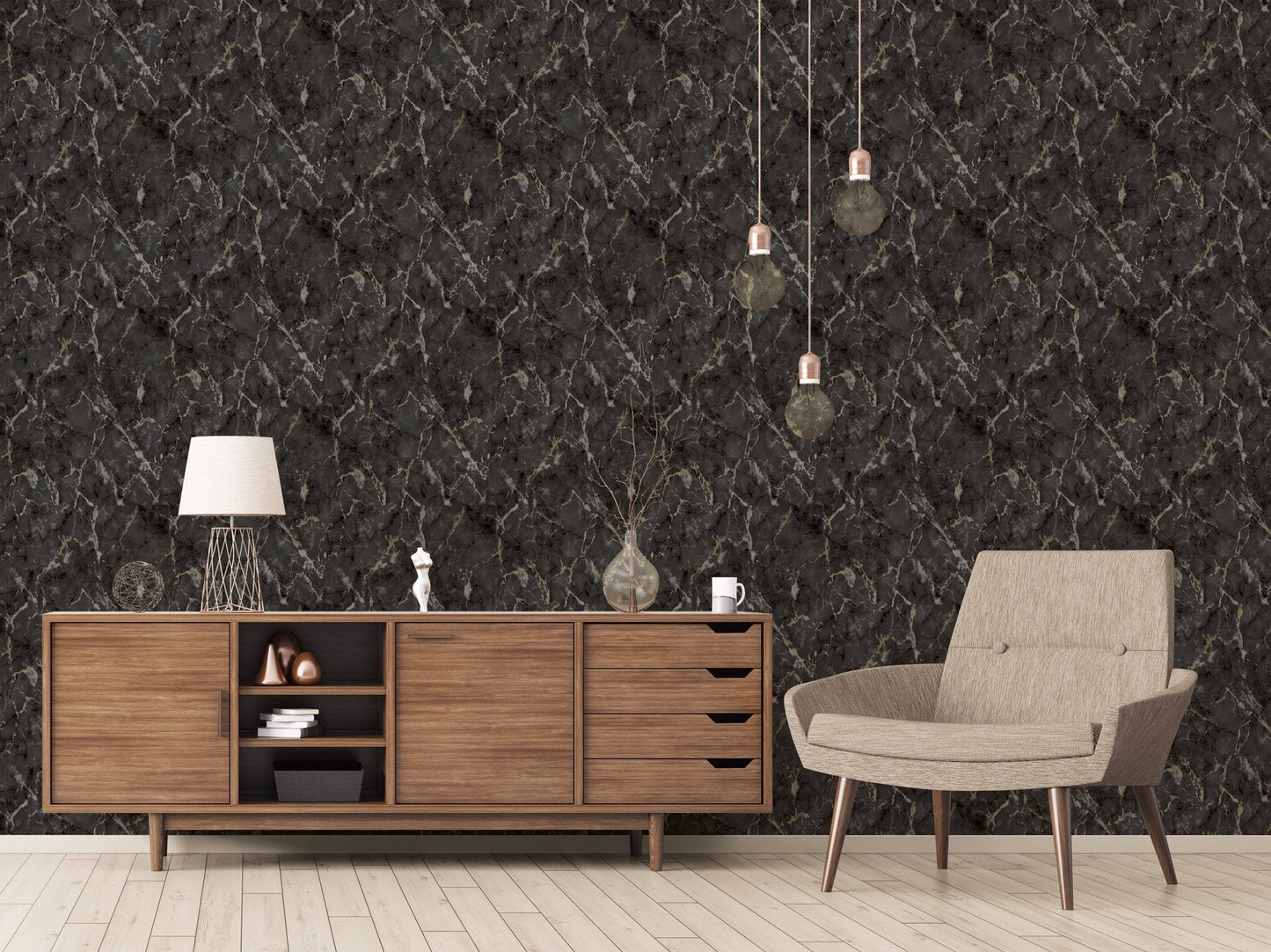 Natural FX 2 Marble Wallpaper - Black / Gold - Galerie - G67754 - Premier Wallcovering