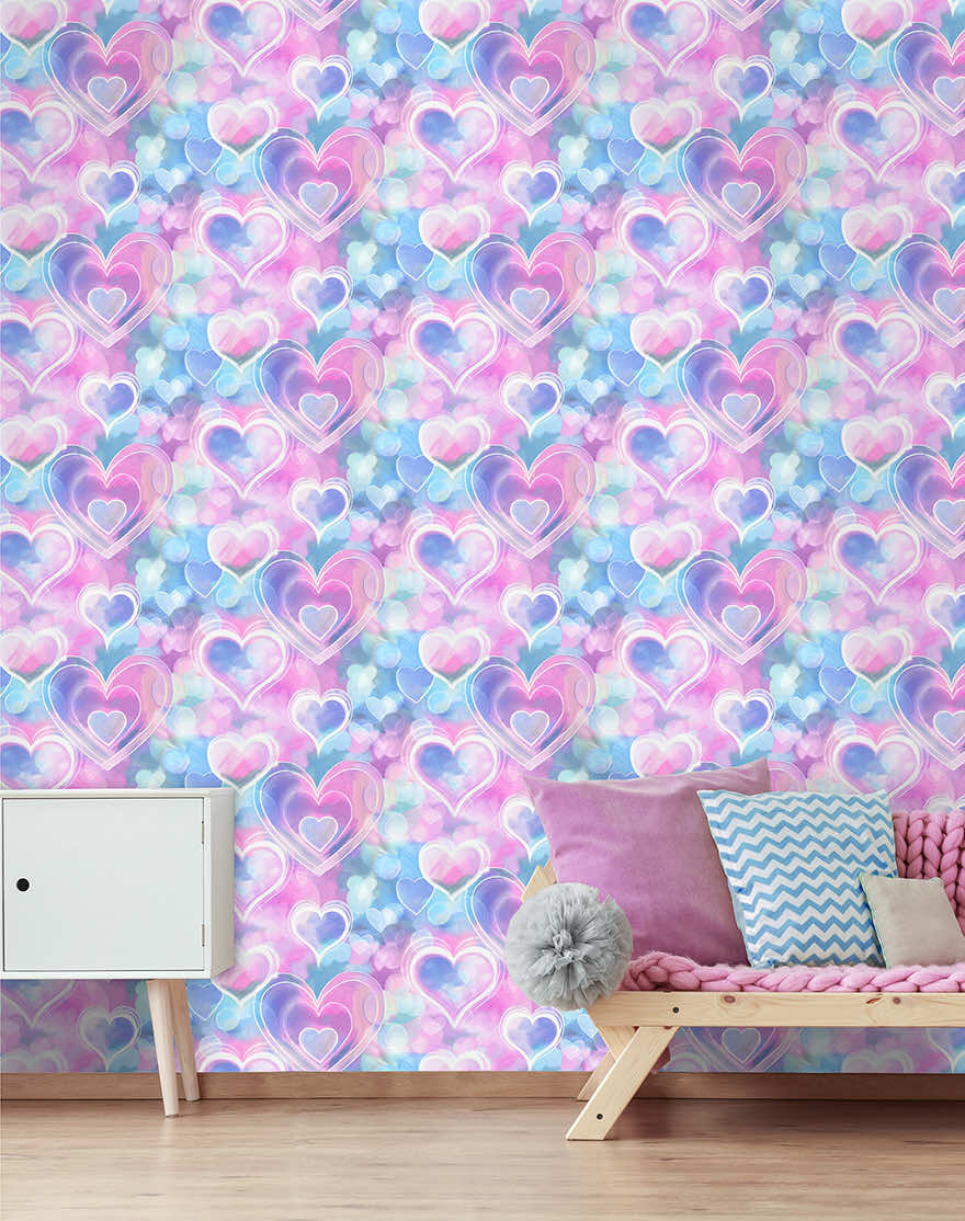 Neon Hearts Wallpaper - Pink/Blue - Holden Décor - 13785 - Premier Wallcovering