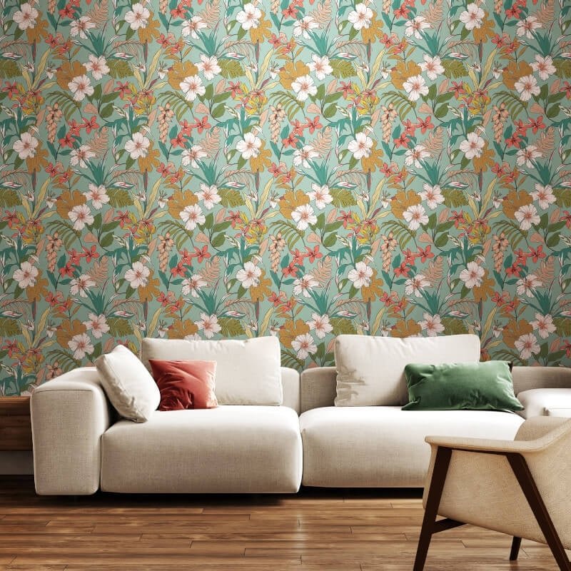 Oasis Wallpaper - Coral/Teal - Hoopla Walls - HWA1205W - Premier Wallcovering