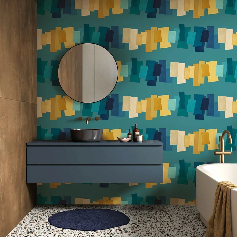 Offset Blocks Wallpaper - Sapphire Mix - Ohpopsi - FRA50157W - Premier Wallcovering