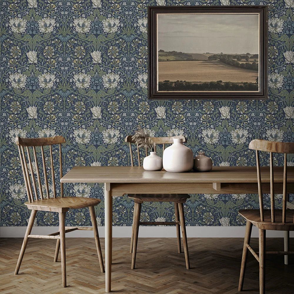 Ogee Flora Wallpaper - Navy Blue - NextWall - NW48202 - Premier Wallcovering