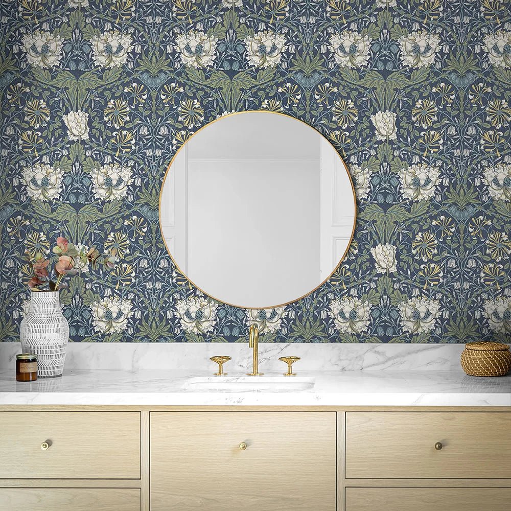 Ogee Flora Wallpaper - Navy Blue - NextWall - NW48202 - Premier Wallcovering