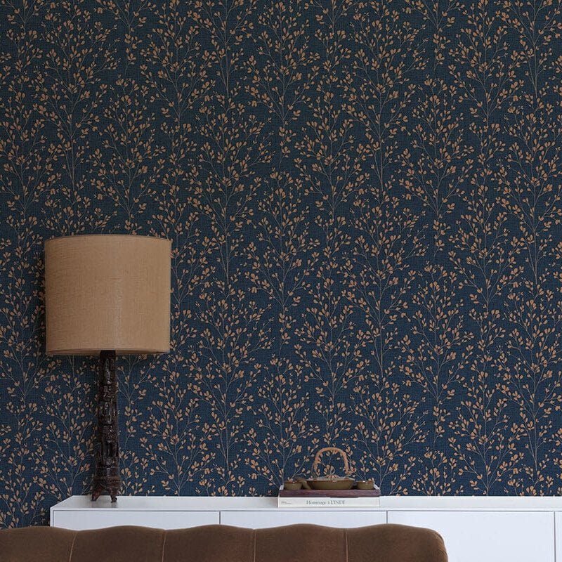 Omaru Calluna Leaf Motif Metallic Wallpaper - Navy - Grandeco - A71404 - Premier Wallcovering