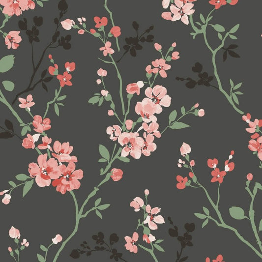 Omaru Jasmin Floral Blossoms Wallpaper - Black - Grandeco - A70001 - Premier Wallcovering