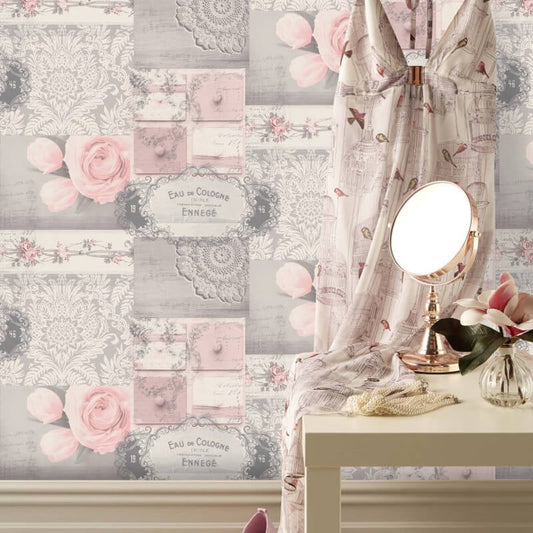 Ophelia Decoupage Floral Metallic Wallpaper - Blush - Crown - M1426 - Premier Wallcovering