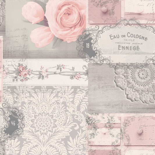 Ophelia Decoupage Floral Metallic Wallpaper - Blush - Crown - M1426 - Premier Wallcovering
