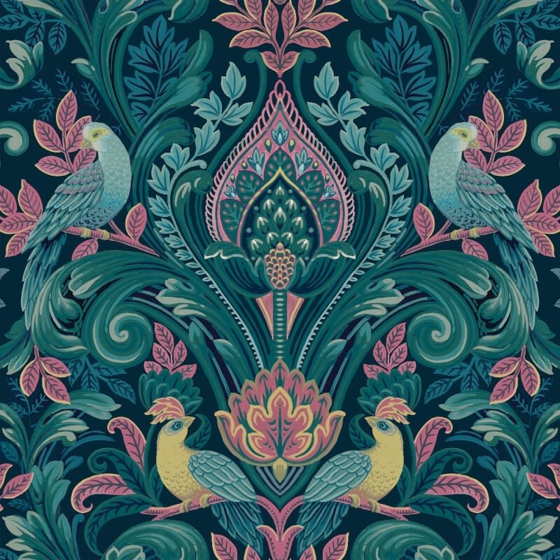 Opulent Damask Wallpaper - Navy/Pink - Grandeco - A67801 - Premier Wallcovering