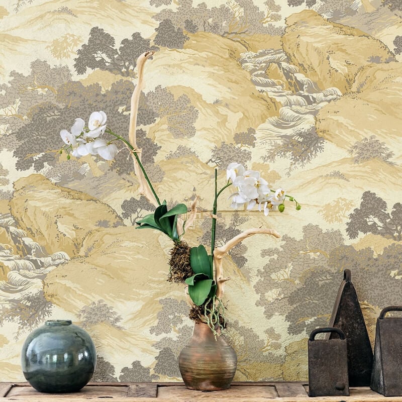 Oriental Landscape Wallpaper - Yellow - Crown - M1192 - Premier Wallcovering