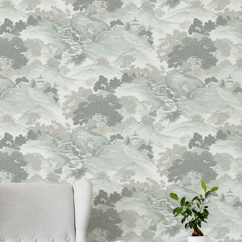 Oriental Landscape Wallpaper - Eau De Nil - Crown - M1191 - Premier Wallcovering