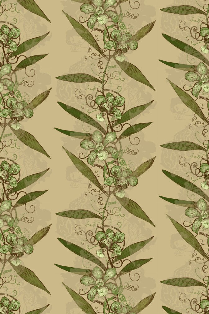 Oriental Orchid Wallpaper - Greens on Khaki - Timorous Beasties - EX/ORO/4002/03 - Premier Wallcovering