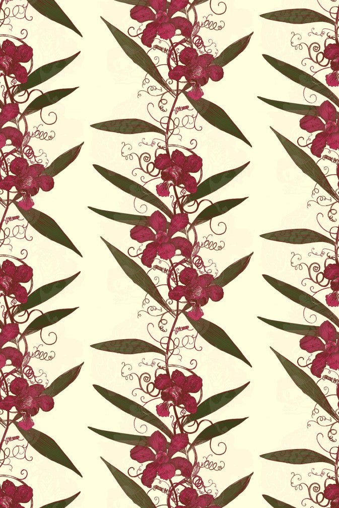 Oriental Orchid Wallpaper - Reds & Greens on Cream - Timorous Beasties - EX/ORO/4004/04 - Premier Wallcovering