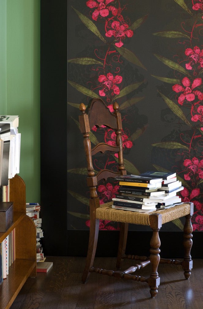 Oriental Orchid Wallpaper - Reds & Greens on Black - Timorous Beasties - EX/ORO/4007/01 - Premier Wallcovering