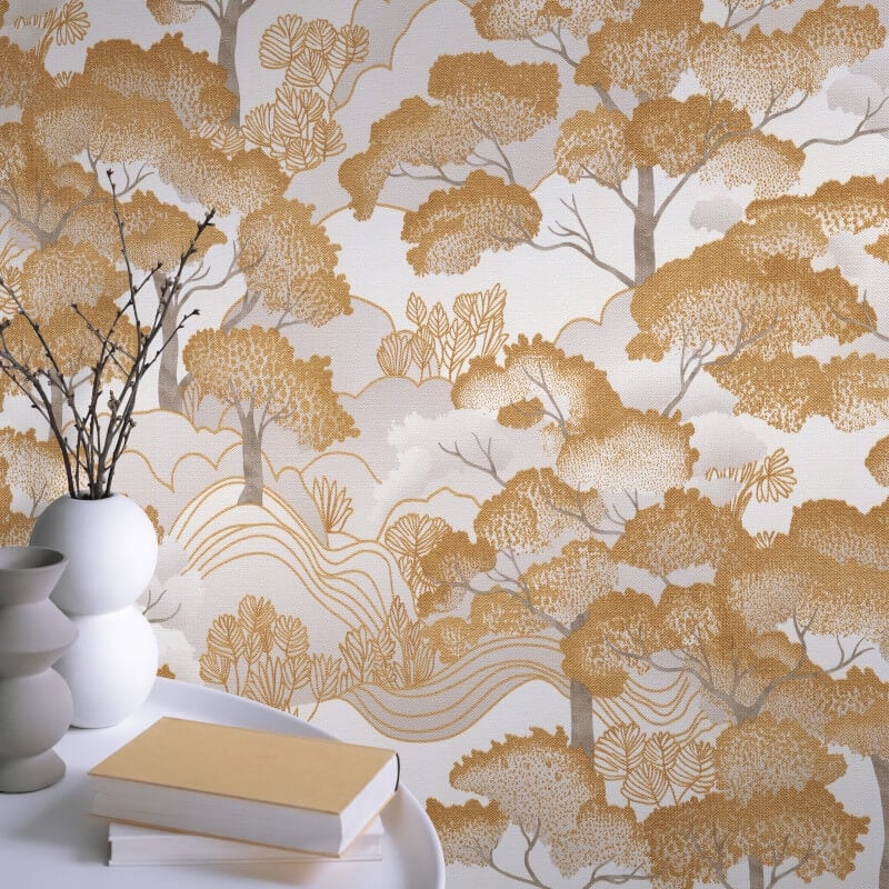 Oriental Trees Metallic Wallpaper - Gold/Grey - Elle Decoration - 10448 - 30 - Premier Wallcovering