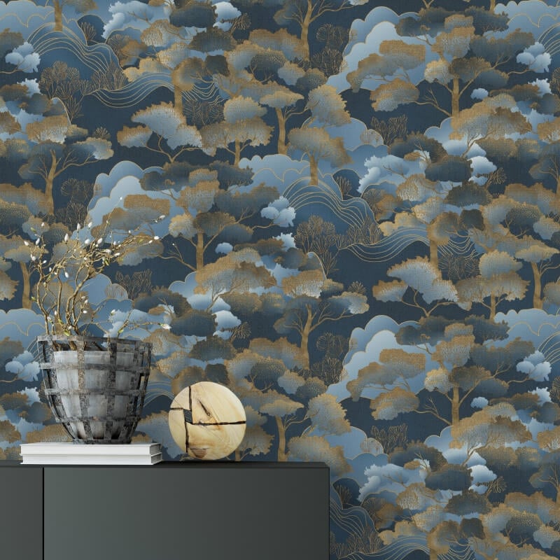 Oriental Trees Metallic Wallpaper - Blue/Gold - Elle Decoration - 10448 - 08 - Premier Wallcovering