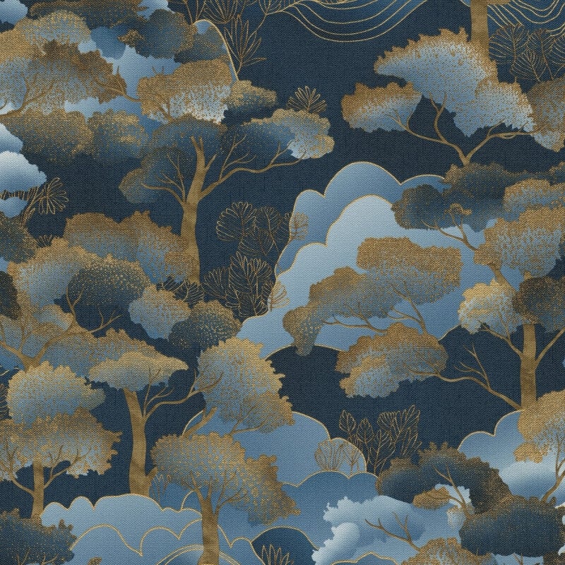 Oriental Trees Metallic Wallpaper - Blue/Gold - Elle Decoration - 10448 - 08 - Premier Wallcovering