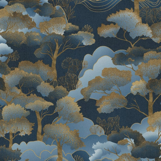 Oriental Trees Metallic Wallpaper - Blue/Gold - Elle Decoration - 10448 - 08 - Premier Wallcovering