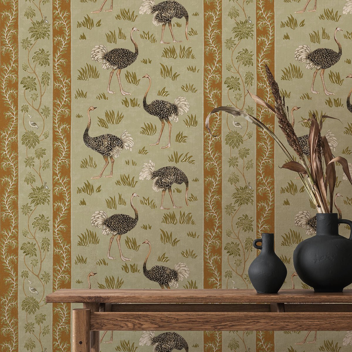 Ostrich Stripe Wallpaper - Olive and Orange - Josephine Munsey - JMW-103231 - Premier Wallcovering
