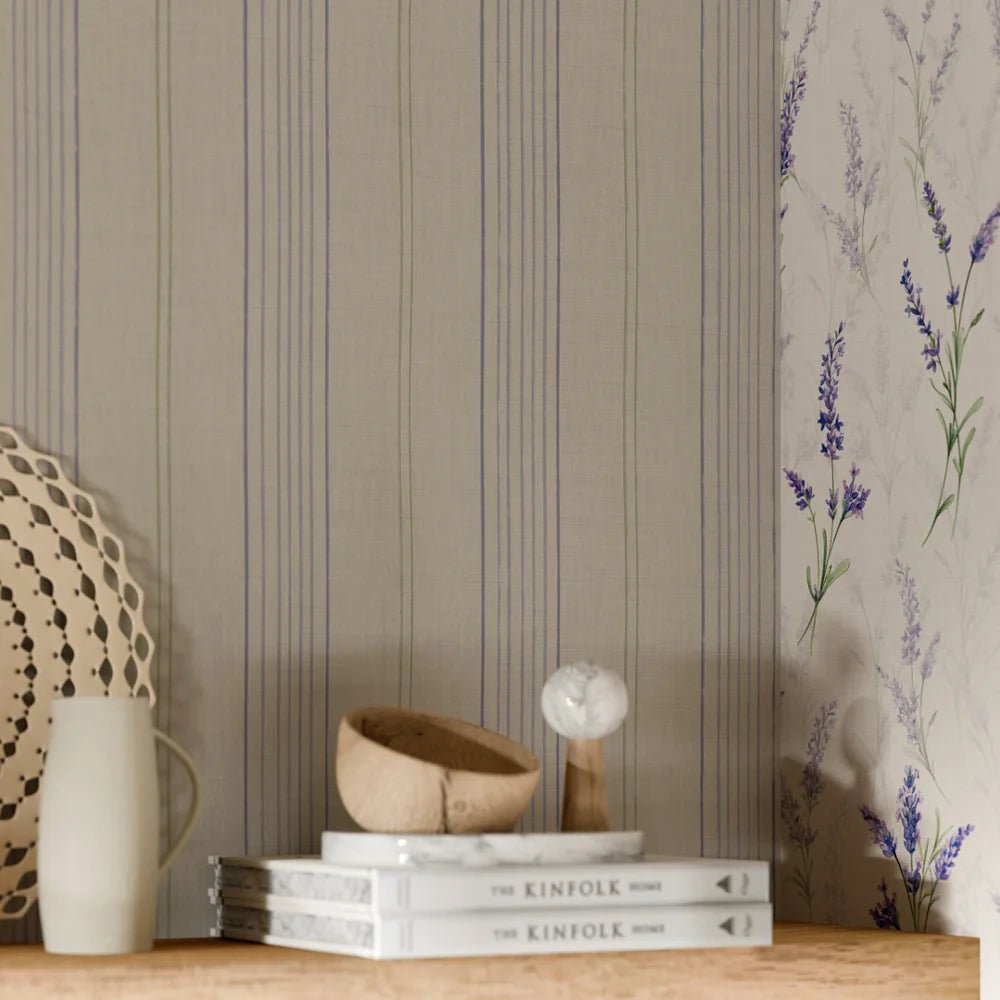 Painted Pinstripes Wallpaper - Lavender, Sage Green and Vintage Cream - LAN100381 - Lucie Annabel - Premier Wallcovering