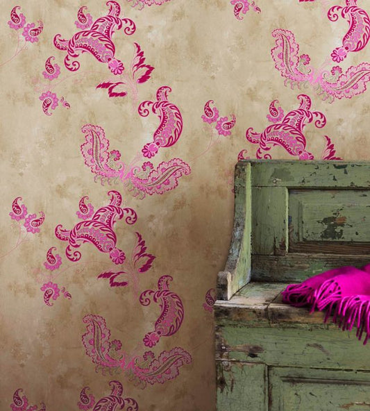 Paisley Wallpaper - Hot Pink on Tea Stain - BG0800201 - Barneby Gates - Premier Wallcovering