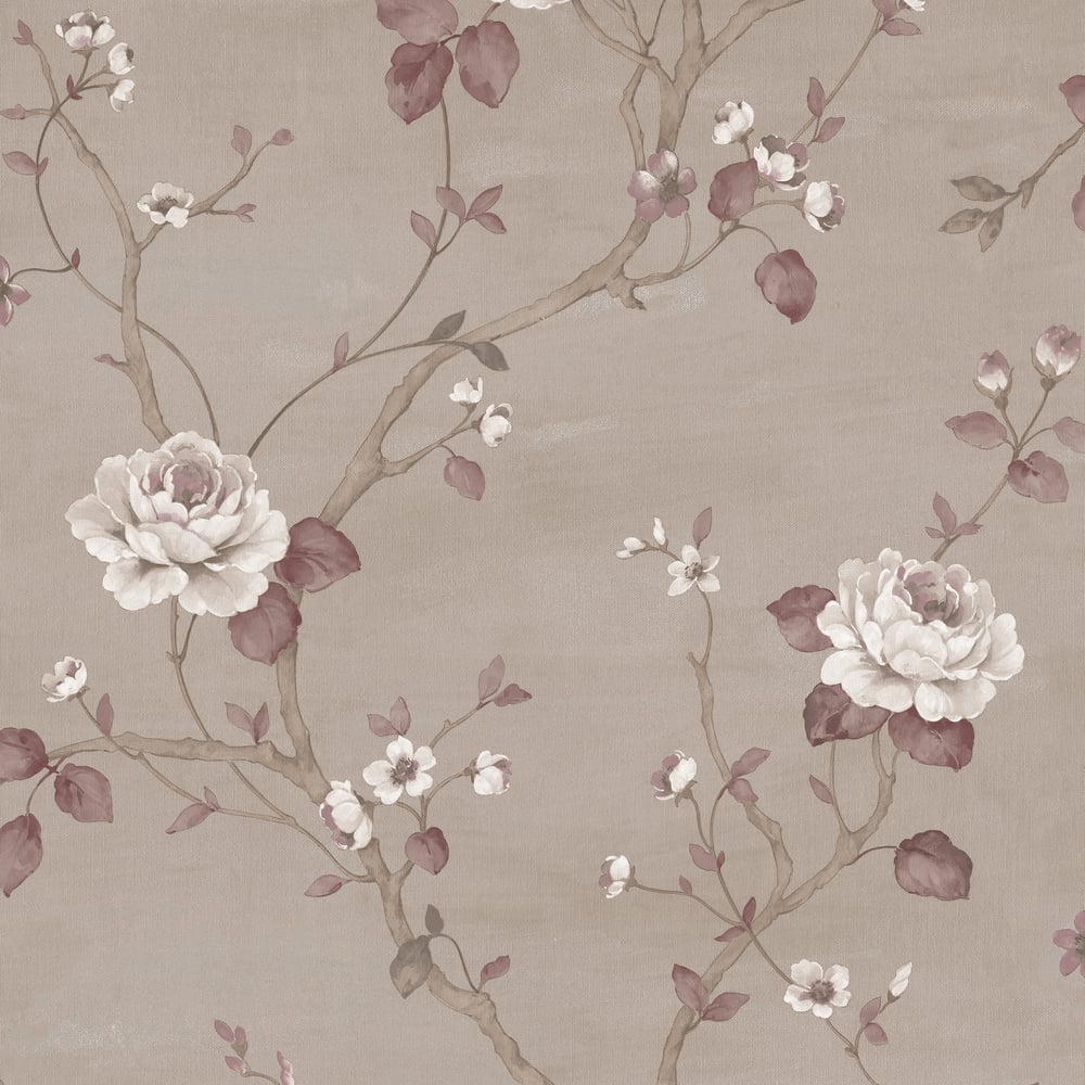 Palazzo Large Floral Wallpaper - Taupe / Beige / Claret - Galerie - G67605 - Premier Wallcovering