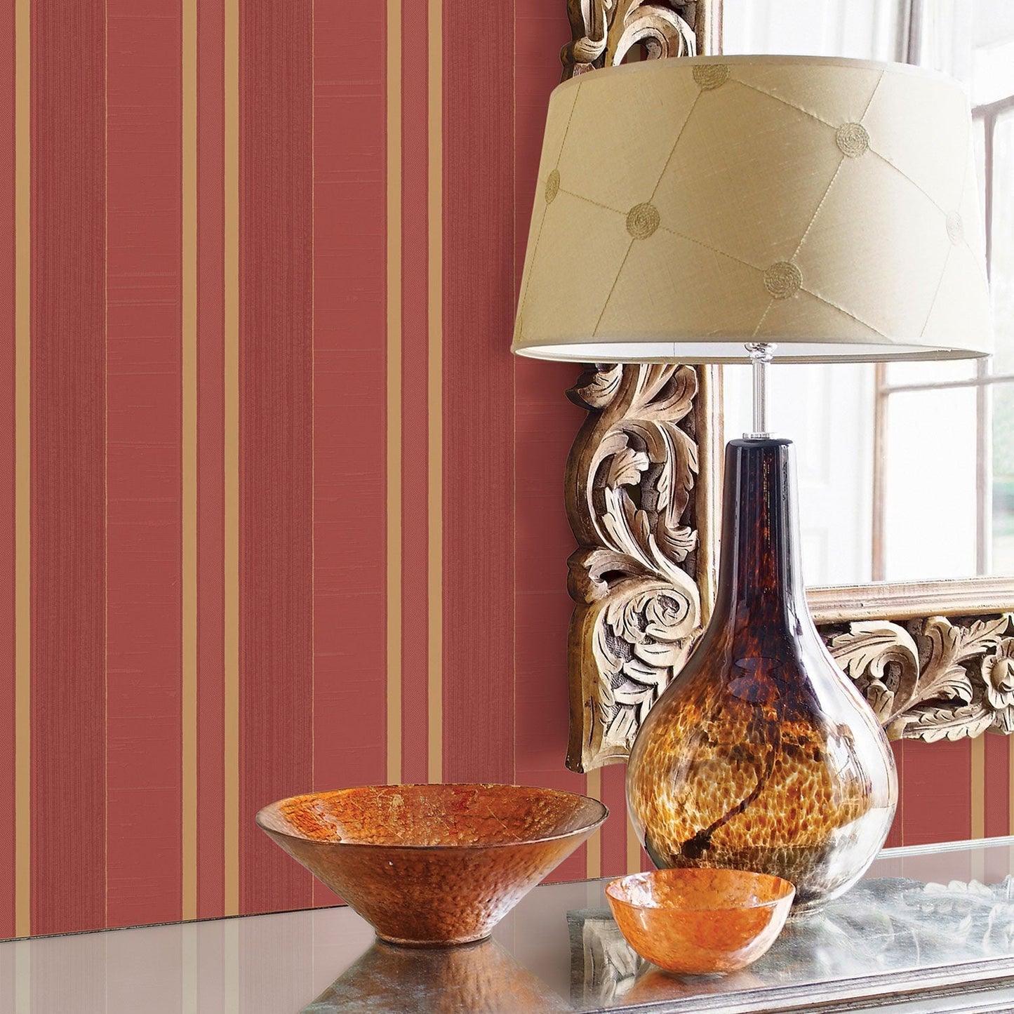 Palazzo Striped Wallpaper - Red / Gold - Galerie - G67627 - Premier Wallcovering