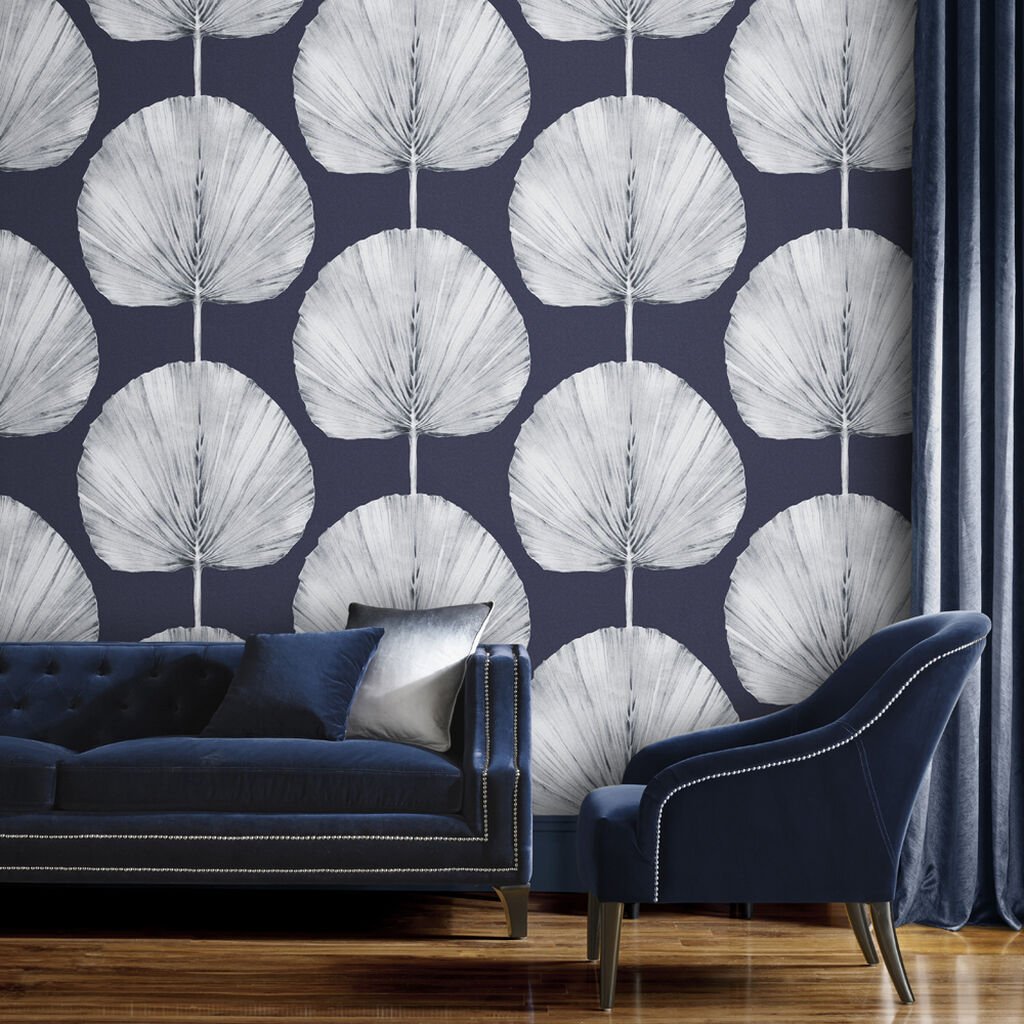 Palm Fan Wallpaper - Navy - Graham & Brown - 112195 - Premier Wallcovering