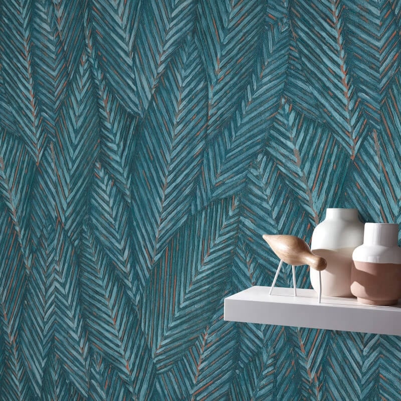 Palm Leaves Foliage Wallpaper - Teal - Erismann - 10391 - 19 - Premier Wallcovering