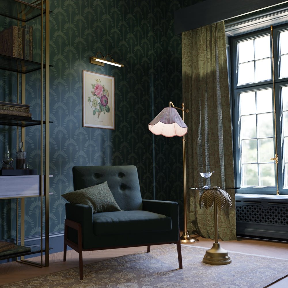 Palmette Wallpaper - Rustic Green on Teal - LAN100196 - Lucie Annabel - Premier Wallcovering