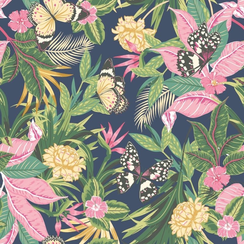 Paradise Wallpaper - Indigo/Pink - Hoopla Walls - HWA1195W - Premier Wallcovering