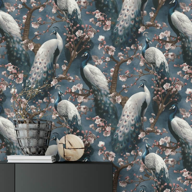 Pavo Peacock Wallpaper - Blue - Erismann - 10414 - 08 - Premier Wallcovering