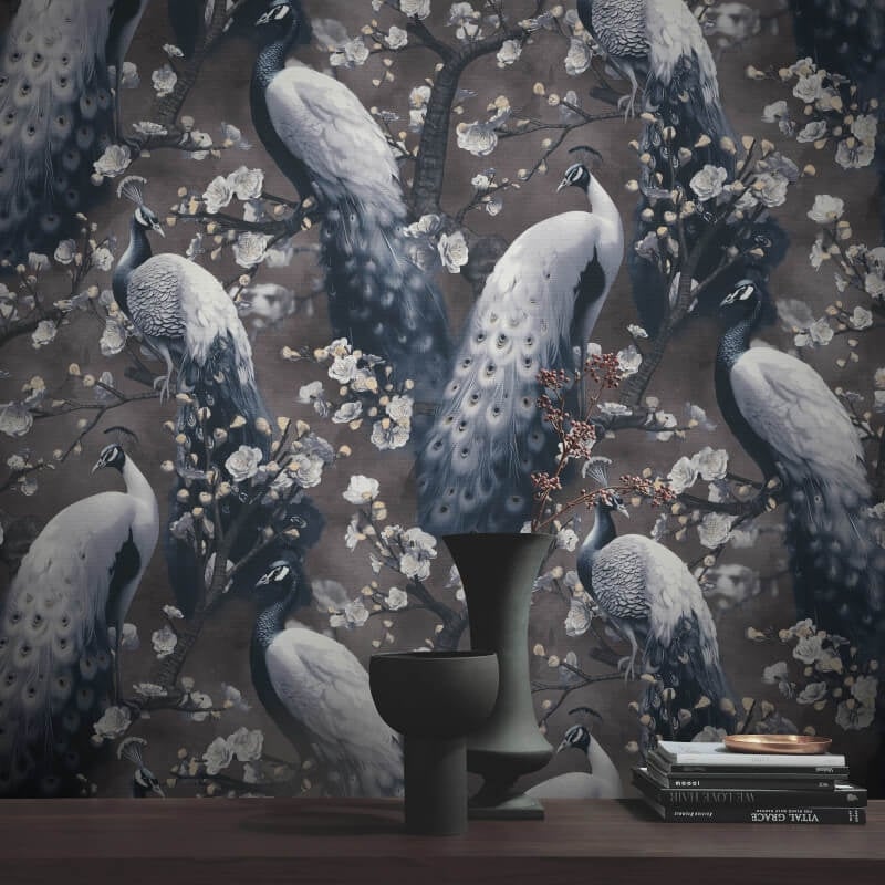 Pavo Peacock Wallpaper - Black - Erismann - 10414 - 15 - Premier Wallcovering