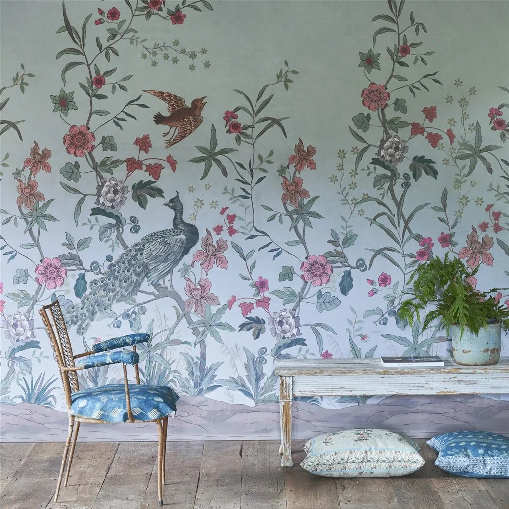 Peacock Toile Scene 1 Wallpaper - Sky Blue - John Derian - PJD6013/02 - Premier Wallcovering