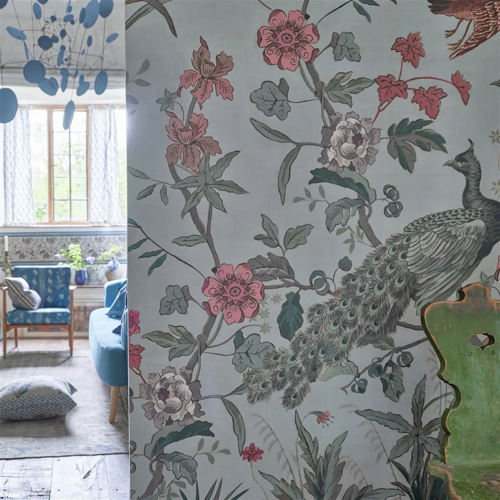 Peacock Toile Scene 1 Wallpaper - Sky Blue - John Derian - PJD6013/02 - Premier Wallcovering