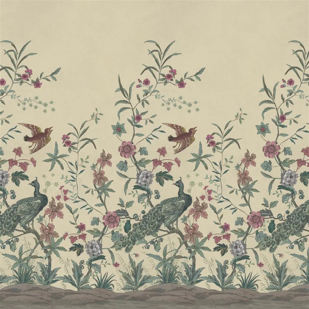 Peacock Toile Scene 1 Wallpaper - Parchment - John Derian - PJD6013/03 - Premier Wallcovering