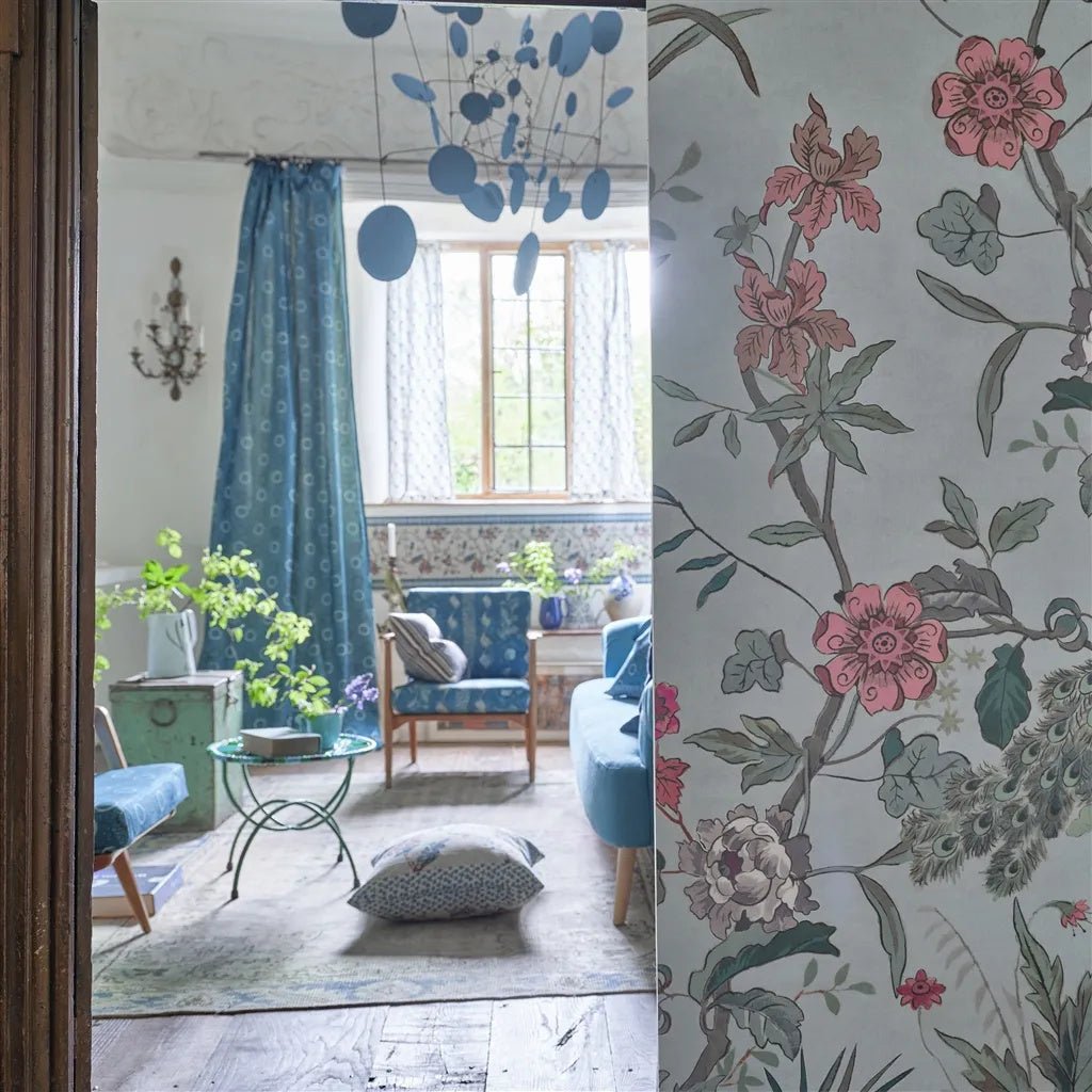 Peacock Toile Scene 2 Wallpaper - Sky Blue - John Derian - PJD6014/02 - Premier Wallcovering