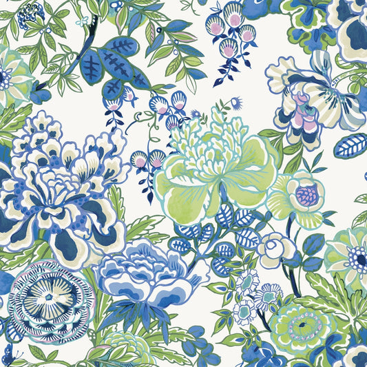 Peony Garden Wallpaper - Blue & Green - Thibaut - T42021 - Premier Wallcovering