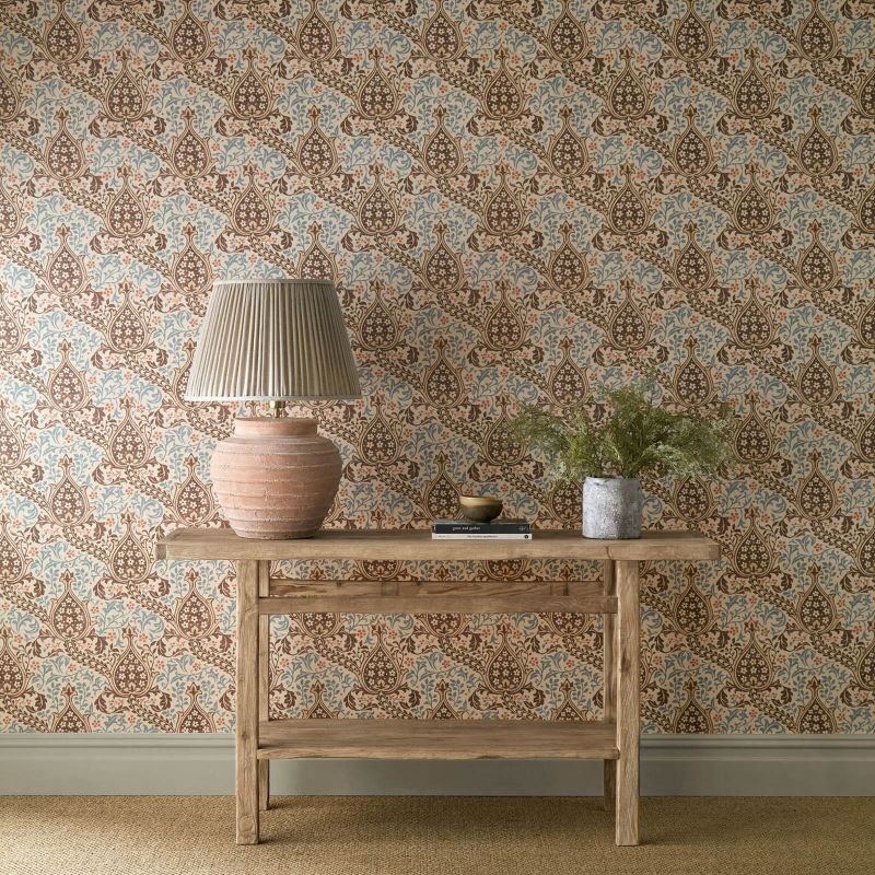Persian Tulip Wallpaper - Umber/Mineral Blue - Morris & Co - 217598 - Premier Wallcovering