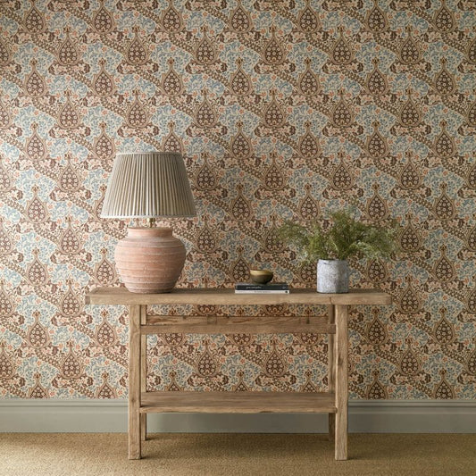 Persian Tulip Wallpaper - Umber/Mineral Blue - Morris & Co - 217598 - Premier Wallcovering