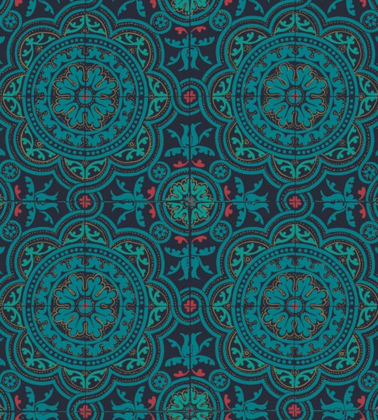 Piccadilly Seville Wallpaper - Petrol, Red & Metallic Gold on Ink - 117/8021 - Cole & Son - Premier Wallcovering