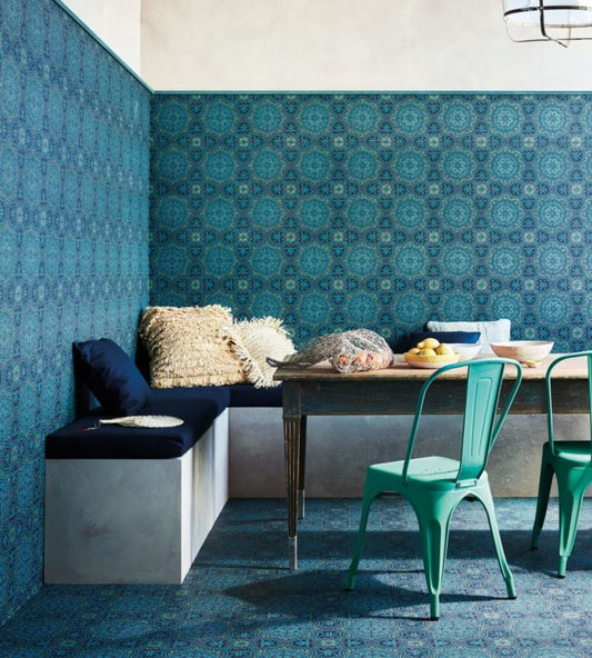 Piccadilly Seville Wallpaper - Petrol, Red & Metallic Gold on Ink - 117/8021 - Cole & Son - Premier Wallcovering