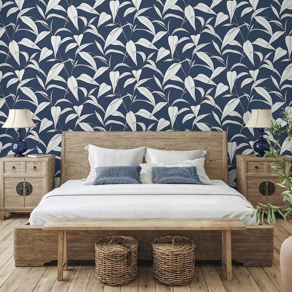 Pinstripe Leaf Trail Wallpaper - Dark Blue - NextWall - NW51802 - Premier Wallcovering