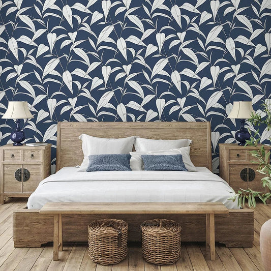 Pinstripe Leaf Trail Wallpaper - Dark Blue - NextWall - NW51802 - Premier Wallcovering
