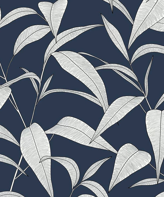 Pinstripe Leaf Trail Wallpaper - Dark Blue - NextWall - NW51802 - Premier Wallcovering