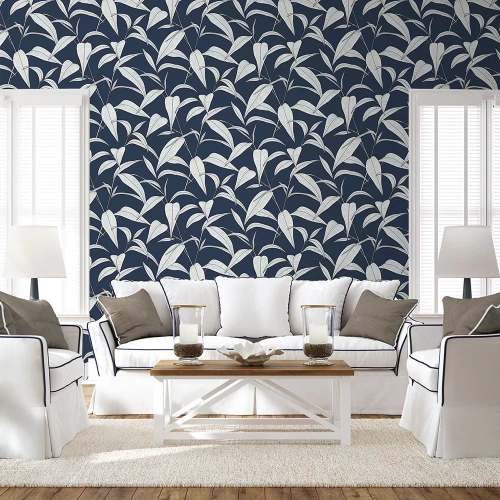 Pinstripe Leaf Trail Wallpaper - Dark Blue - NextWall - NW51802 - Premier Wallcovering