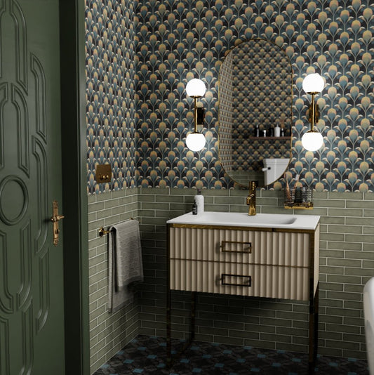 Plume de Paon Wallpaper - Rustic Green, Ochre and Teal - LAN100183 - Lucie Annabel - Premier Wallcovering